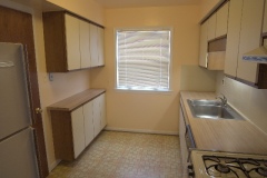 Kitchen: ample storage, fridge, large window views east